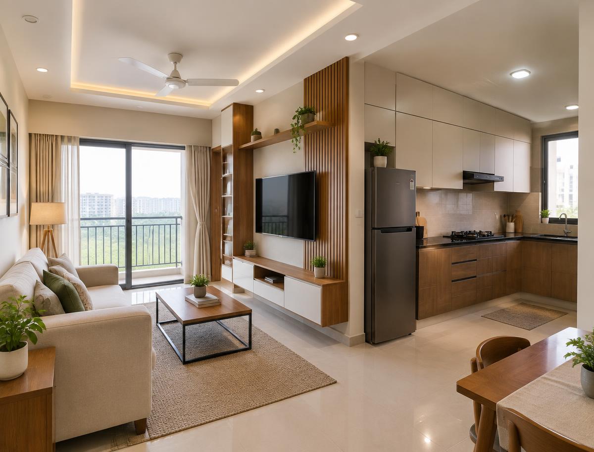 Modern apartment interior with modular kitchen and TV unit